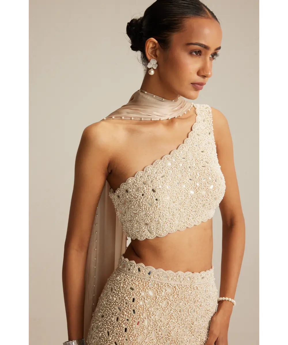 VVANI VATS- Light Beige One Shoulder Pencil Skirt With Stole Set